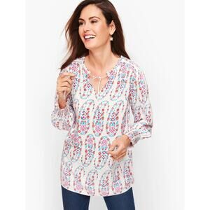 Talbots Tie Neck Smocked Top Sz Medium Long Sleeve Dotted Paisley